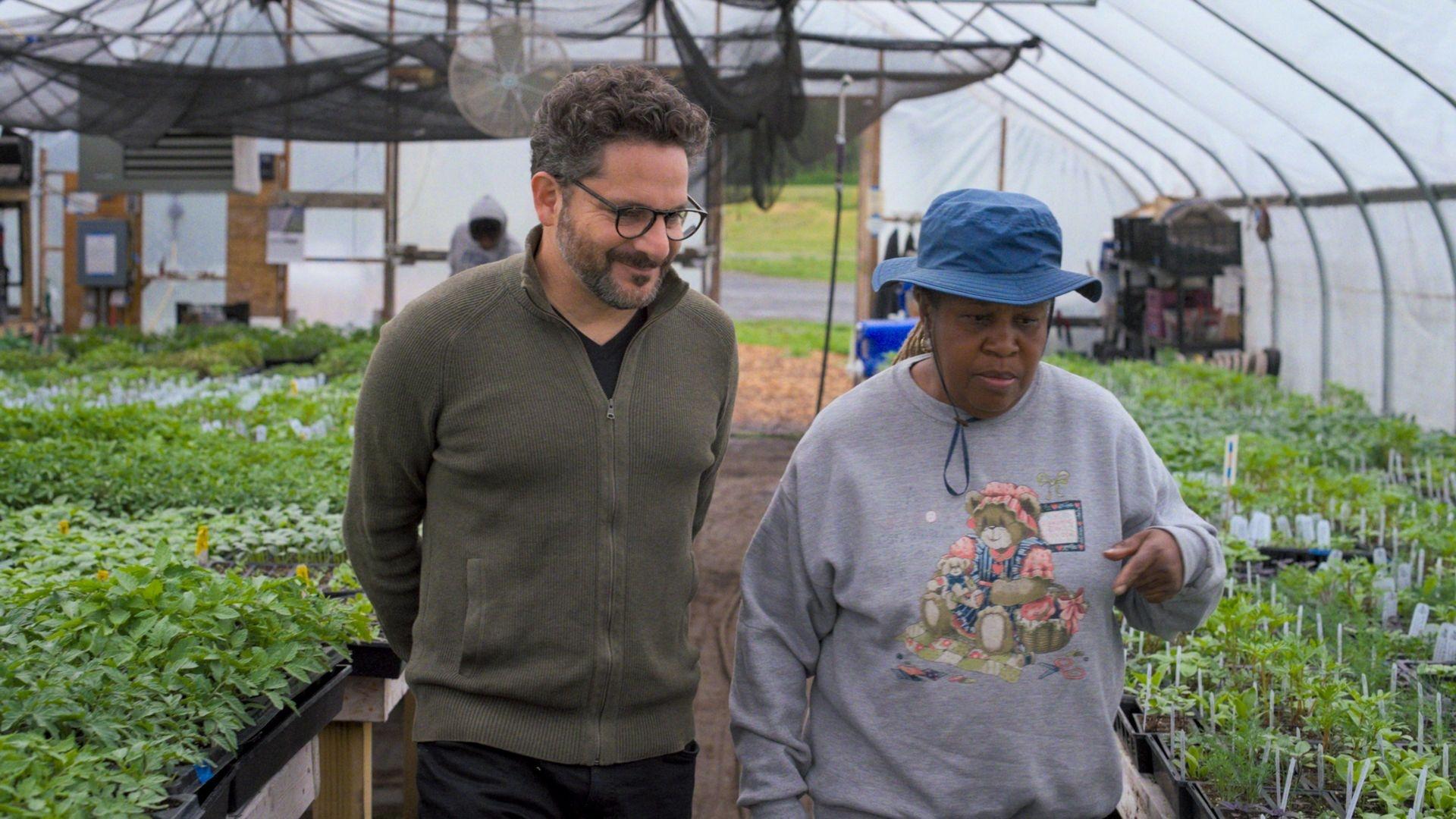 Karen Washington, a farmer in Chester, New York, with Ari Wallach.