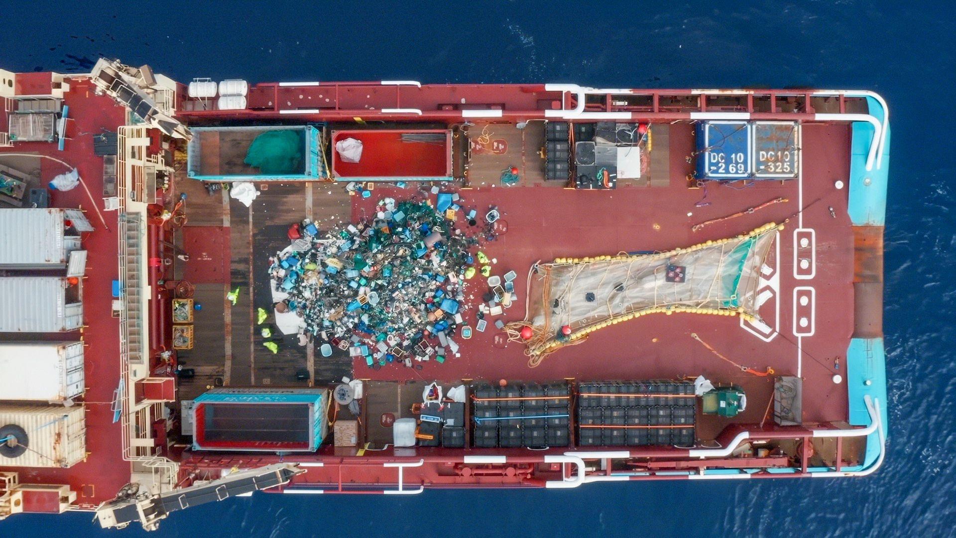 Top down shot of boat with trash.