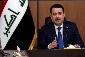 Iraqi Prime Minister Mohammed Shia al-Sudani attends the first session of negotiations between Iraq and the United States ...